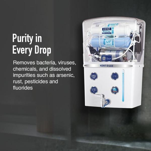 KENT Grand RO Water Purifier | Advanced RO Tech for Sabse Shudh Paani | RO+UF+TDS Control + UV LED Tank | 8L | 20LPH Flow | Ideal for Borewell/Tanker/Municipal Water | Largest Service Network