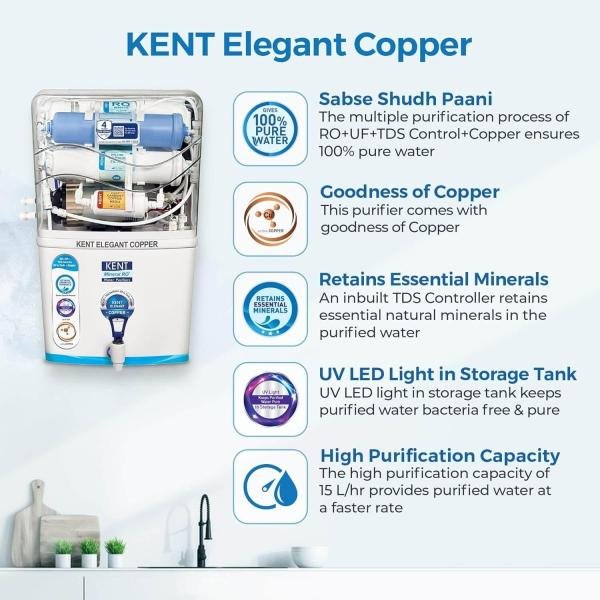 KENT Elegant Copper 8 L RO + UV + UF + TDS Control + UV in Tank + Copper Water Purifier (White)