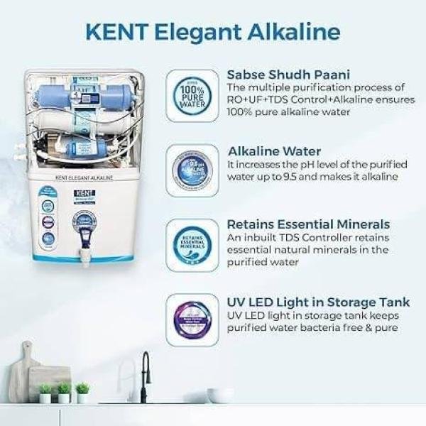 KENT Elegant Alkaline RO Water Purifier | 4 Years Free Service | Multiple Purification Process | RO + UF + Alkaline + TDS Control + UV LED Tank |